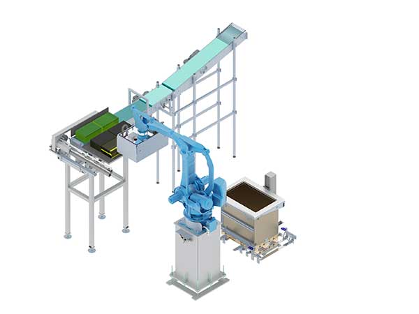 Schematische Darstellung einer Reifekistenpalettierungsanlage